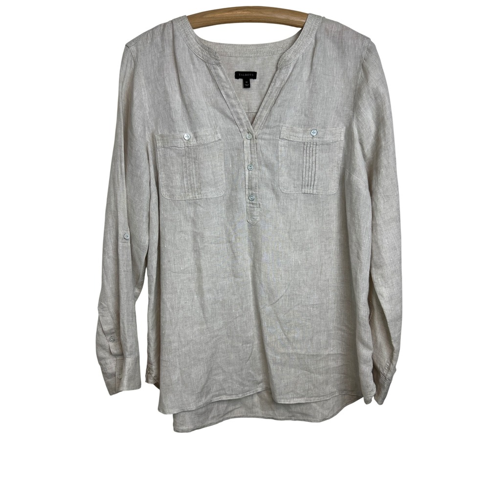 Talbots Linen Henley Blouse Women Size M Beige Roll Tab Sleeve Pintuck F17